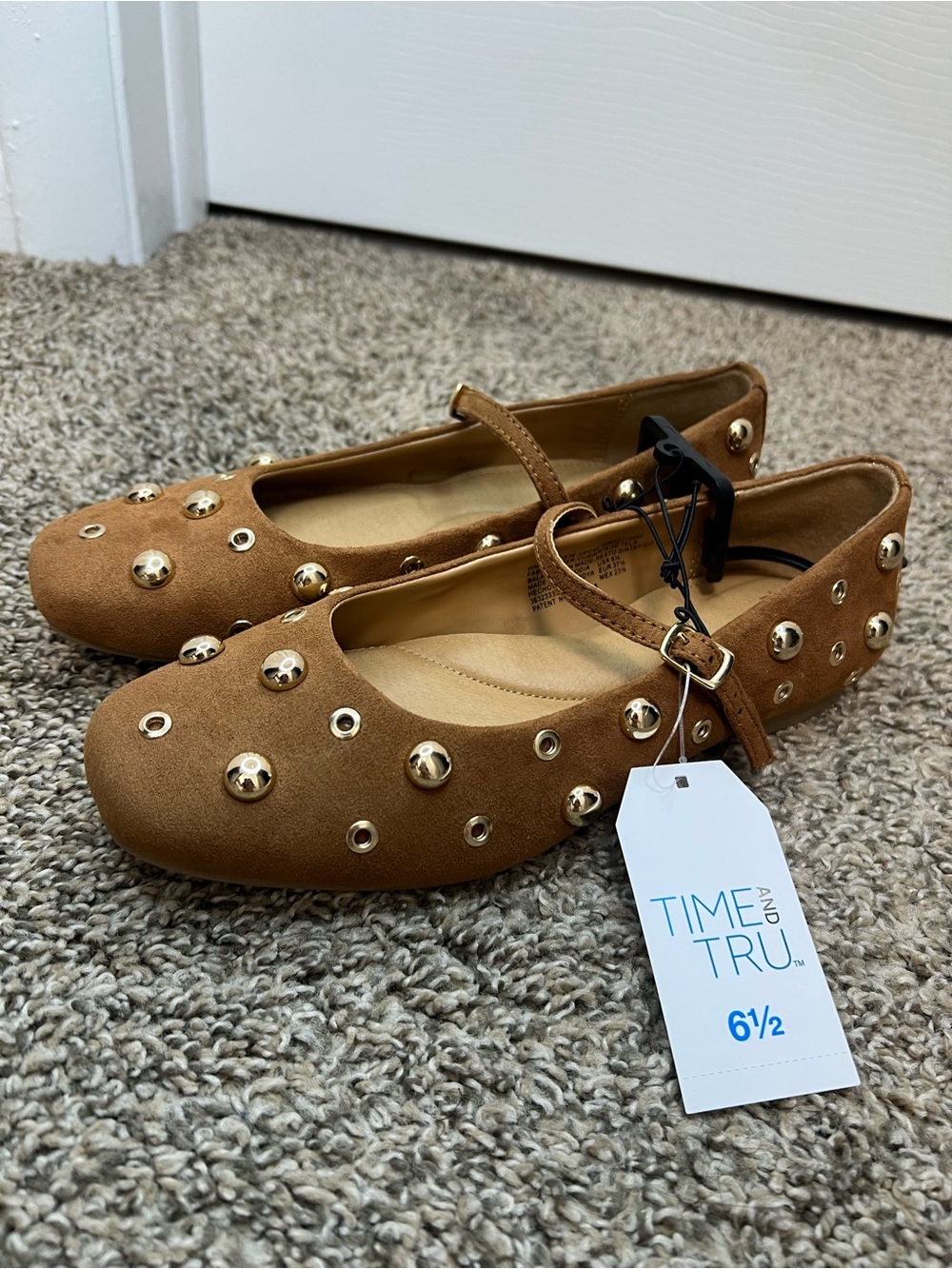 Time and Tru Tan Mary Jane Flats with Gold Studs